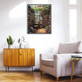 Paint by number canvas depicting a sunlit library with bookshelves and plants, displayed in a living room setting.