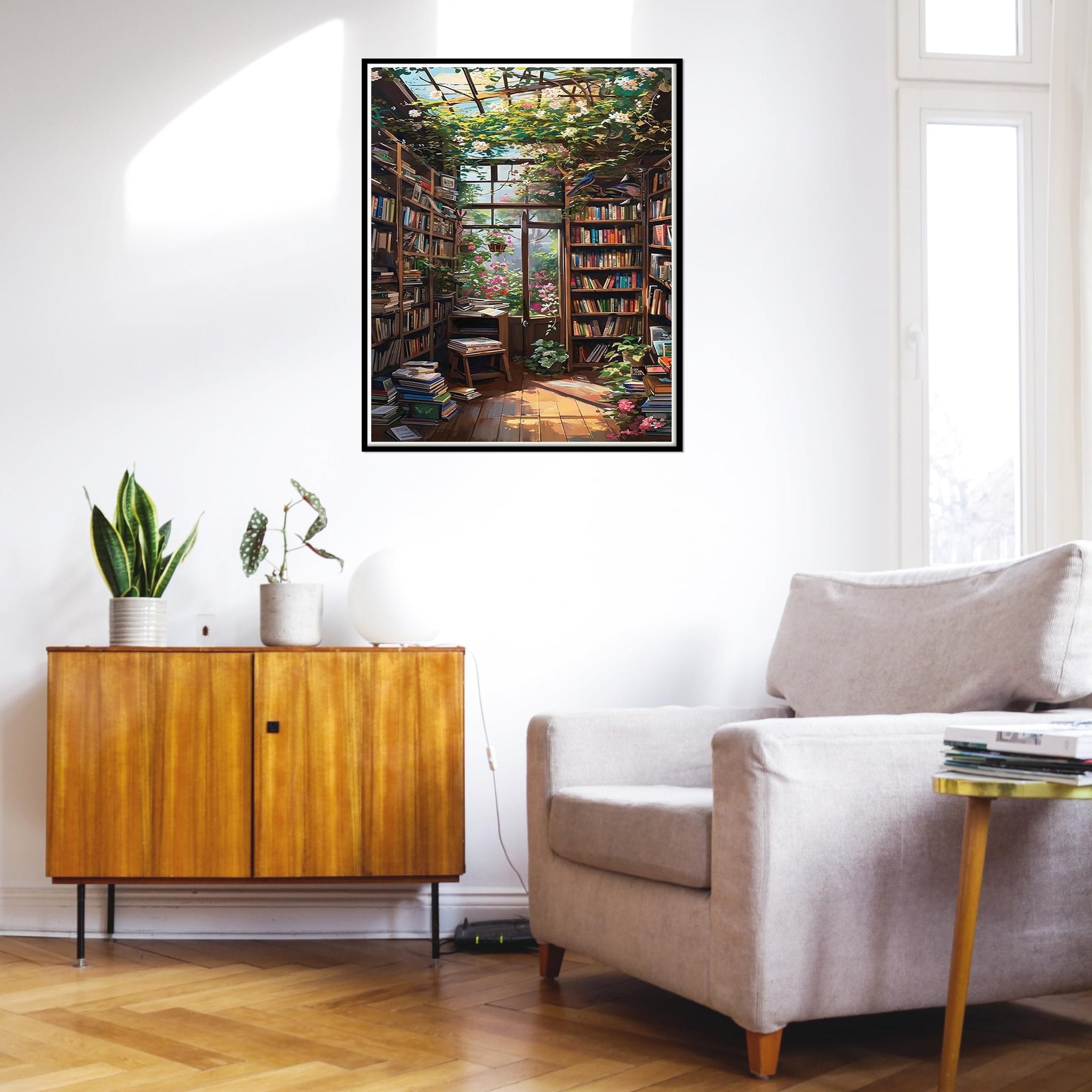 Paint by number canvas depicting a sunlit library with bookshelves and plants, displayed in a living room setting.