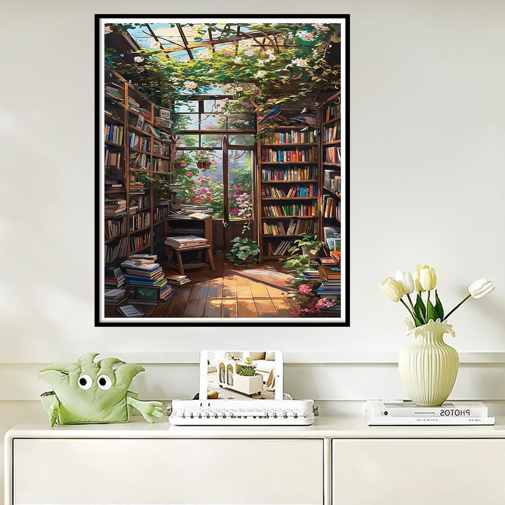 Paint by number canvas depicting a sunlit greenhouse library with overflowing bookshelves and blooming flowers.