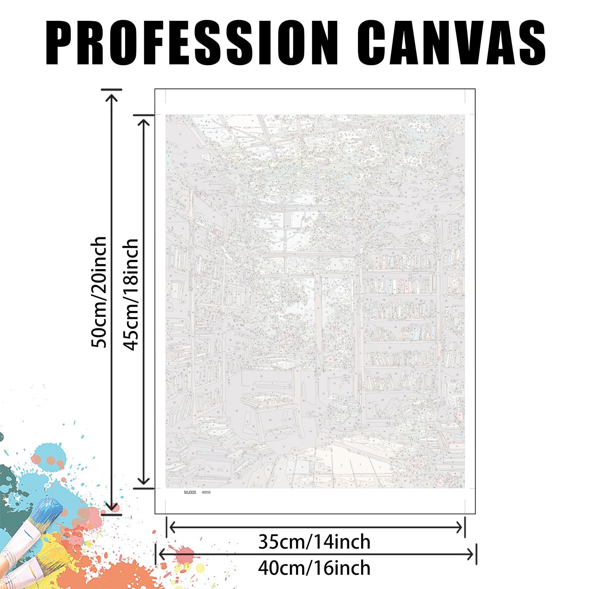 Paint by number canvas showing a bookshelf scene with dimensions indicated by arrows and text.