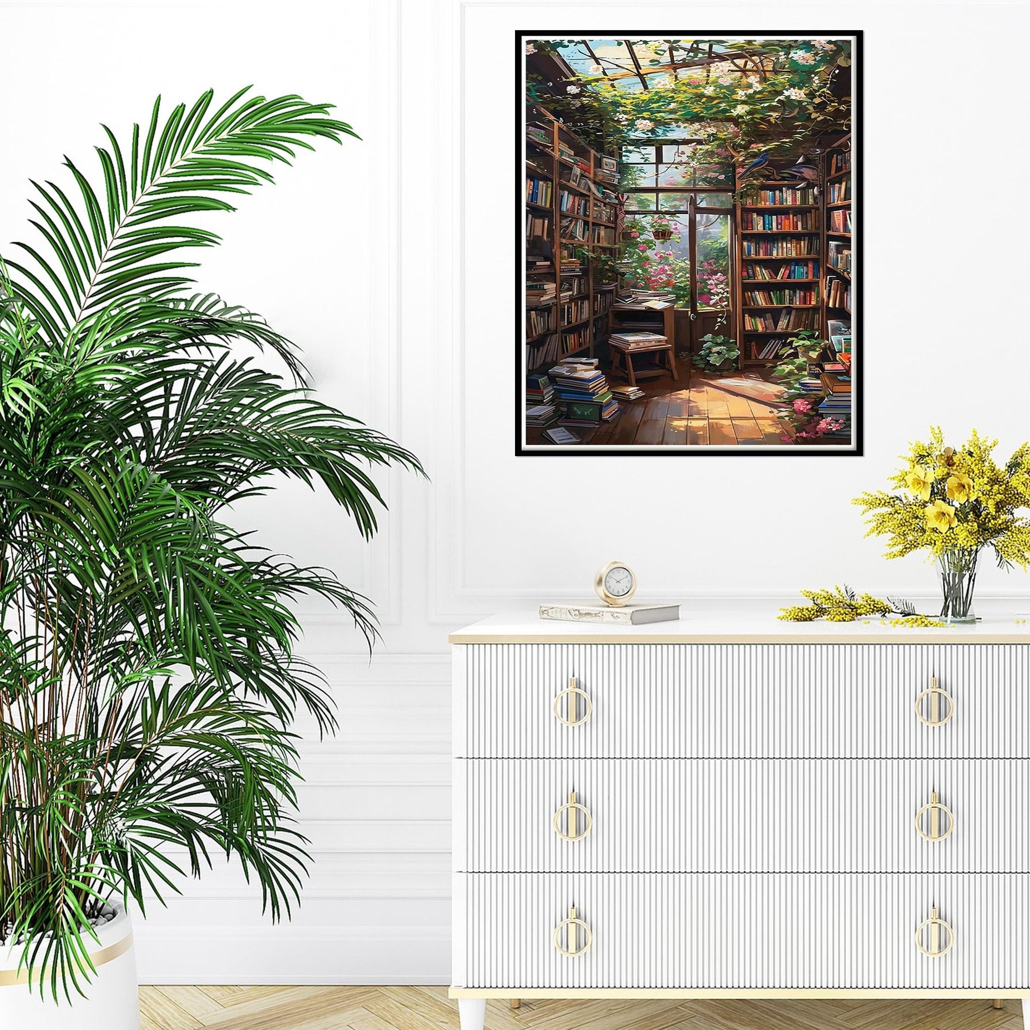 Paint by number canvas depicting a sunlit greenhouse library with overflowing bookshelves and blooming flowers.