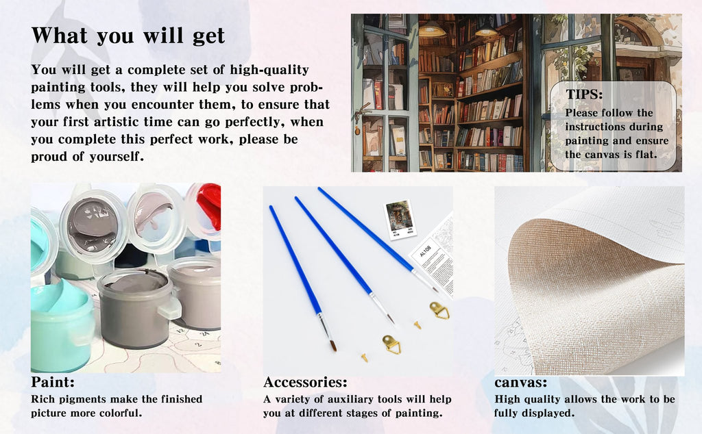 Paint by number kit contents including paint pots, brushes, hooks, screws, and canvas with instructions.