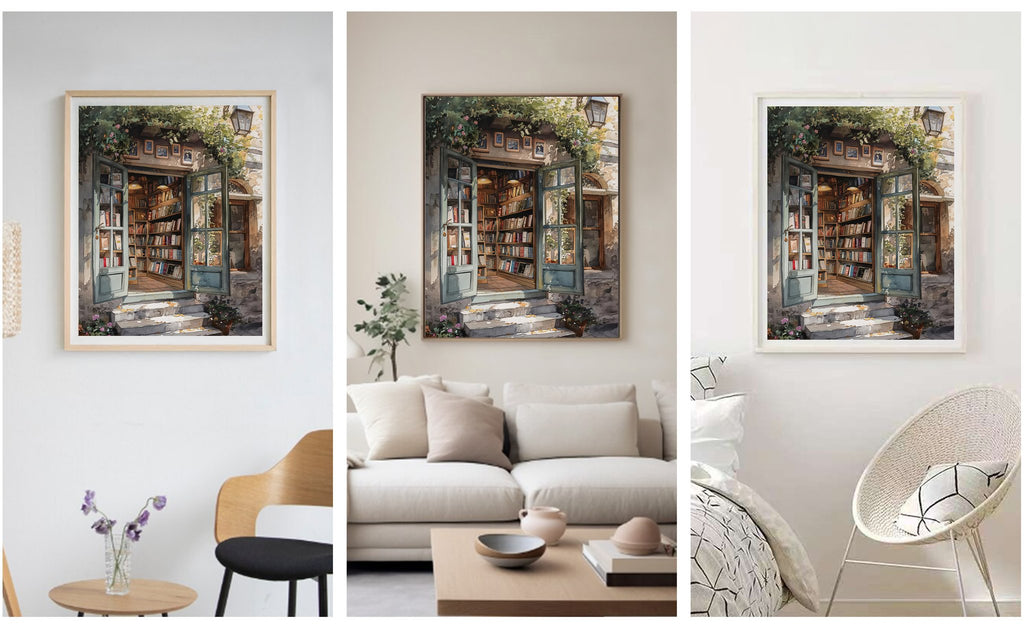 Three framed paintings of a quaint bookstore entrance with open doors and shelves of books, displayed in different home settings.