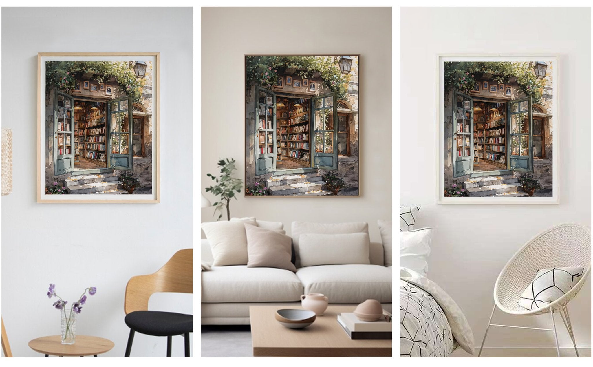 Three framed paintings of a quaint bookstore entrance with open doors and shelves of books, displayed in different home settings.