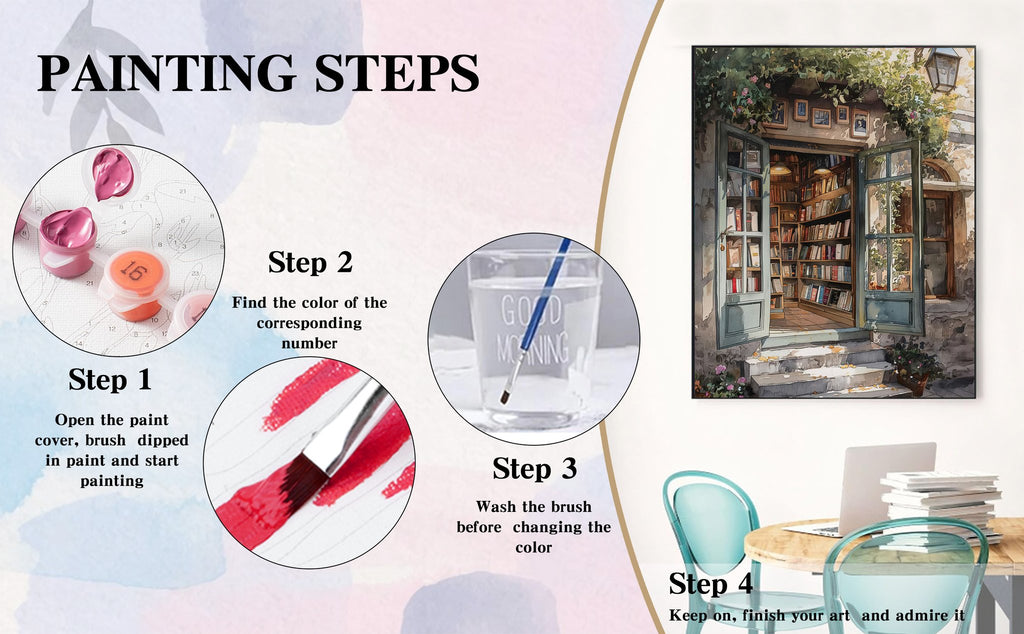 Paint by number kit instructions showing steps 1-4 with paint pots, brush, and finished artwork.