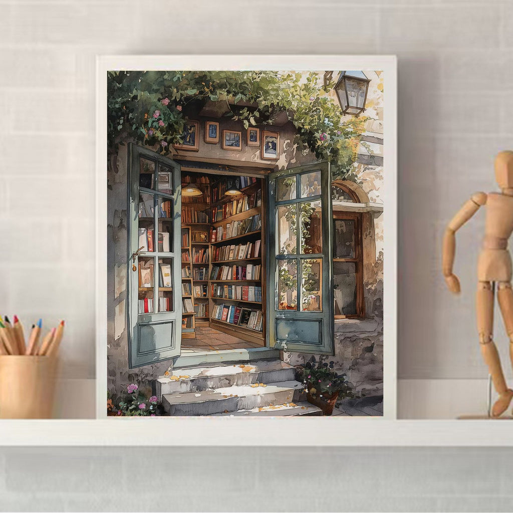 Paint by number kit showing an open doorway to a cozy bookstore with shelves full of books.