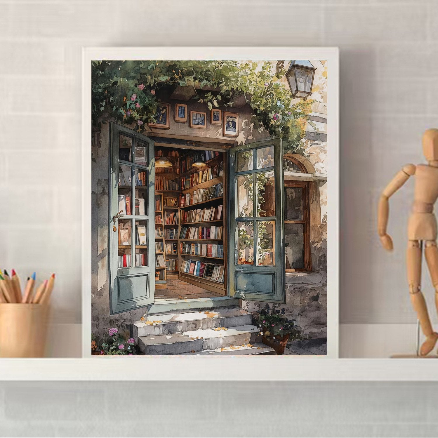 Paint by number kit showing an open doorway to a cozy bookstore with shelves full of books.