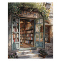 Watercolor painting of an open bookstore entrance with shelves full of books and flowers outside.
