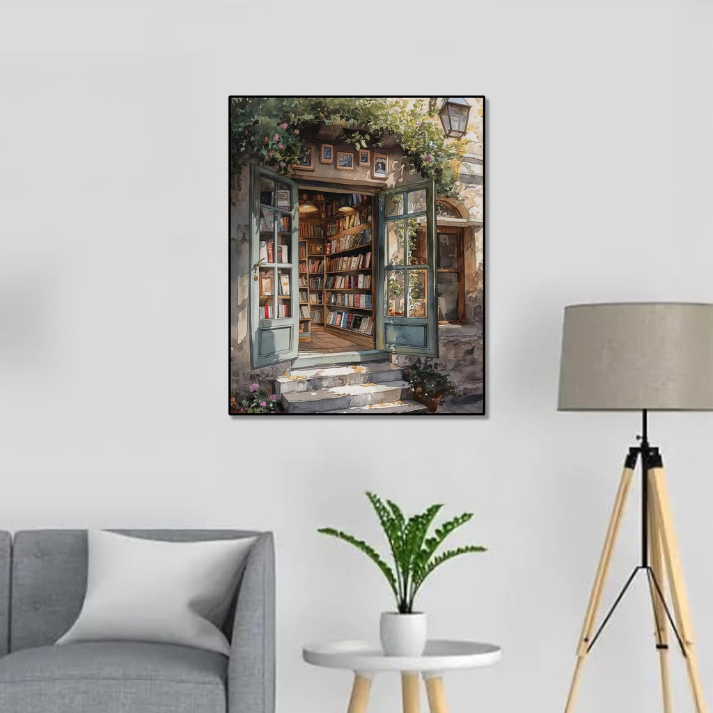 Paint by number kit artwork depicting an open doorway to a cozy bookstore filled with bookshelves.