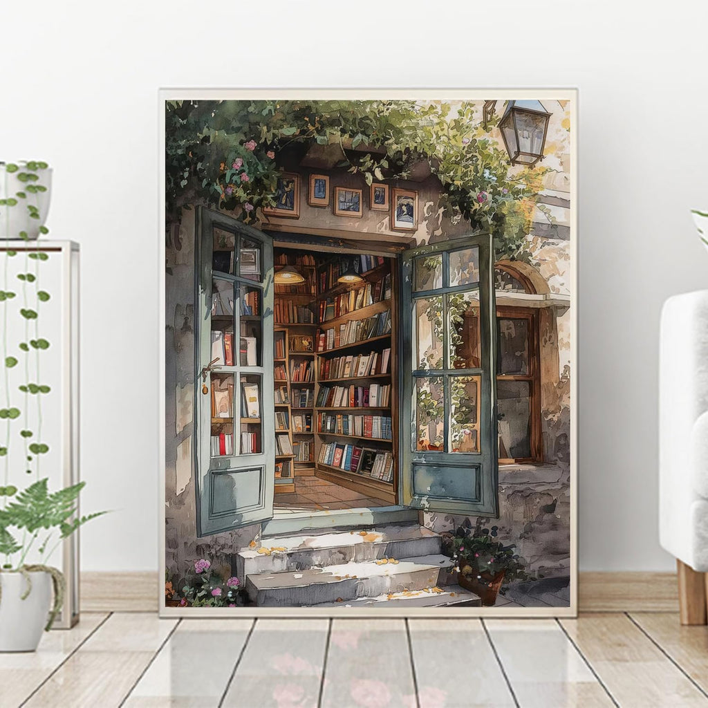 Paint by number kit artwork of an inviting bookstore entrance with open doors and shelves of books.