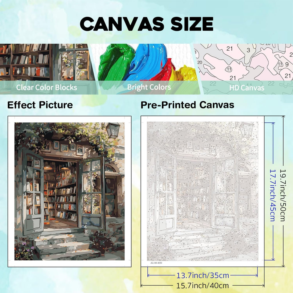 Paint by number kit showing an effect picture of a bookstore entrance and a pre-printed canvas with numbered sections.