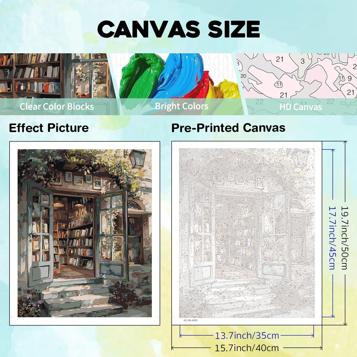 Paint by number kit showing an effect picture of a bookstore entrance and a pre-printed canvas with numbered sections.
