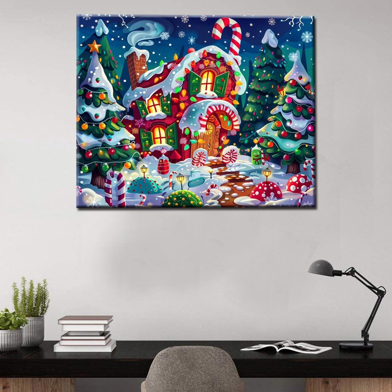 Christmas candy house scene with snow, decorated trees, and candy canes, painted on canvas.