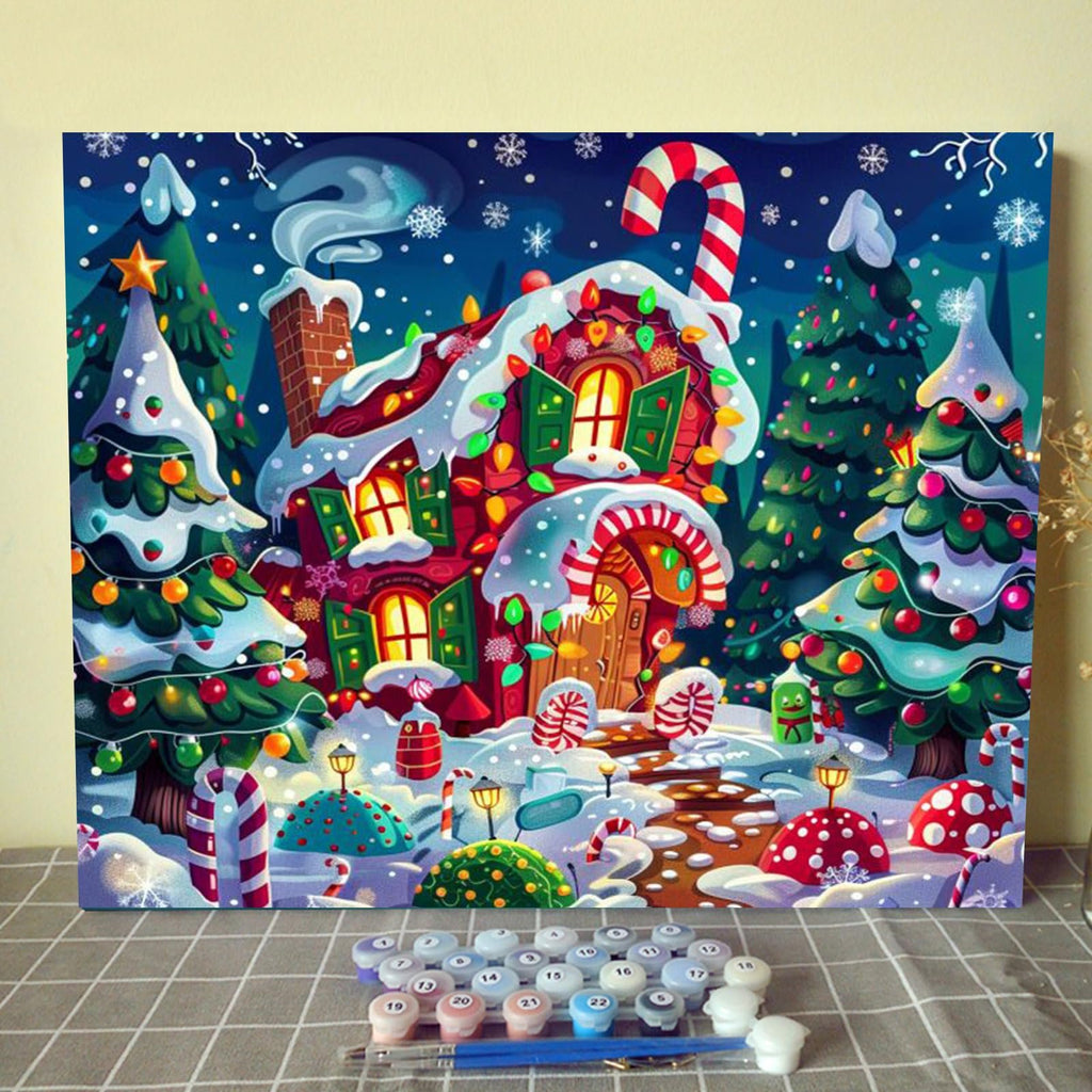 Christmas candy house paint by numbers kit with snow-covered trees and candy canes, includes paint pots and brushes