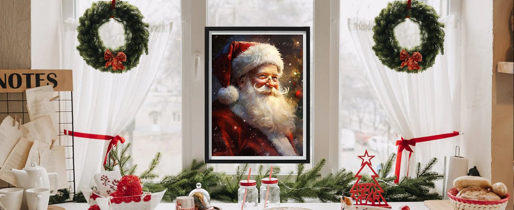 Framed painting of Santa Claus on a window sill with Christmas wreaths and decorations