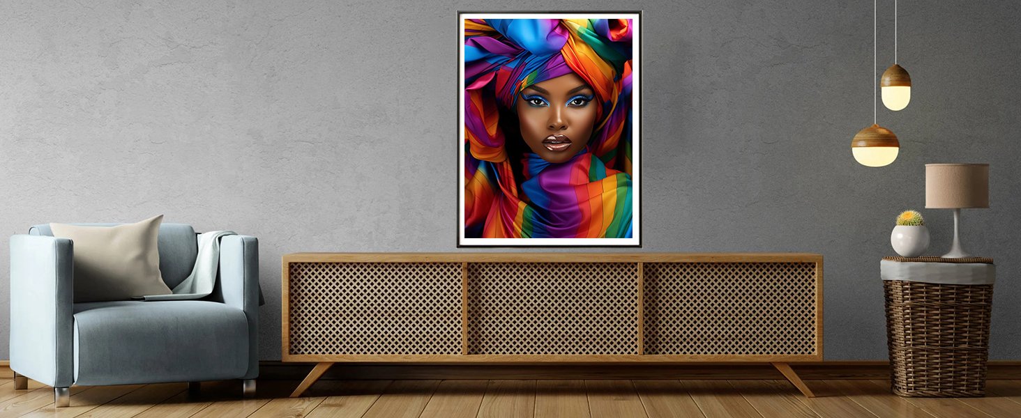 Framed artwork of a woman with a colorful headwrap and vibrant makeup displayed on a wall above a wooden cabinet.