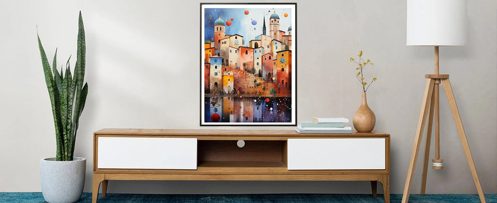 Framed watercolor painting of a colorful Mediterranean village reflected in water, displayed above a wooden media console.