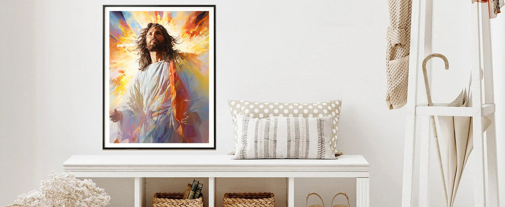 Framed painting of Jesus Christ with arms outstretched, set against a vibrant, abstract background of yellow and orange light.