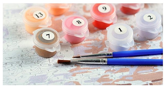 Paint by numbers kit with numbered paint pots and brushes on a numbered canvas.