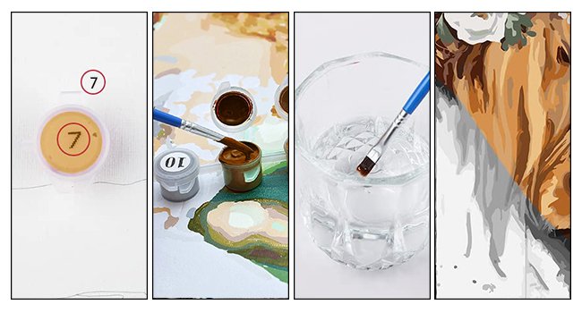Paint by numbers kit showing numbered paint pots, a brush in paint, a brush in water, and a partially painted canvas.