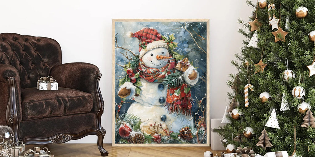 Christmas snowman painting in a wooden frame displayed next to a decorated Christmas tree and armchair.
