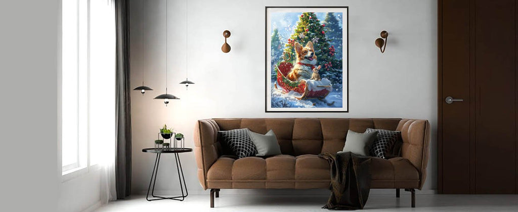 Christmas paint by numbers kit showing a corgi and bunny in a sleigh with a decorated tree