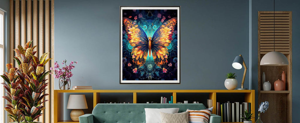 Framed butterfly painting with vibrant orange, yellow, and blue colors displayed on a wall above a sofa.