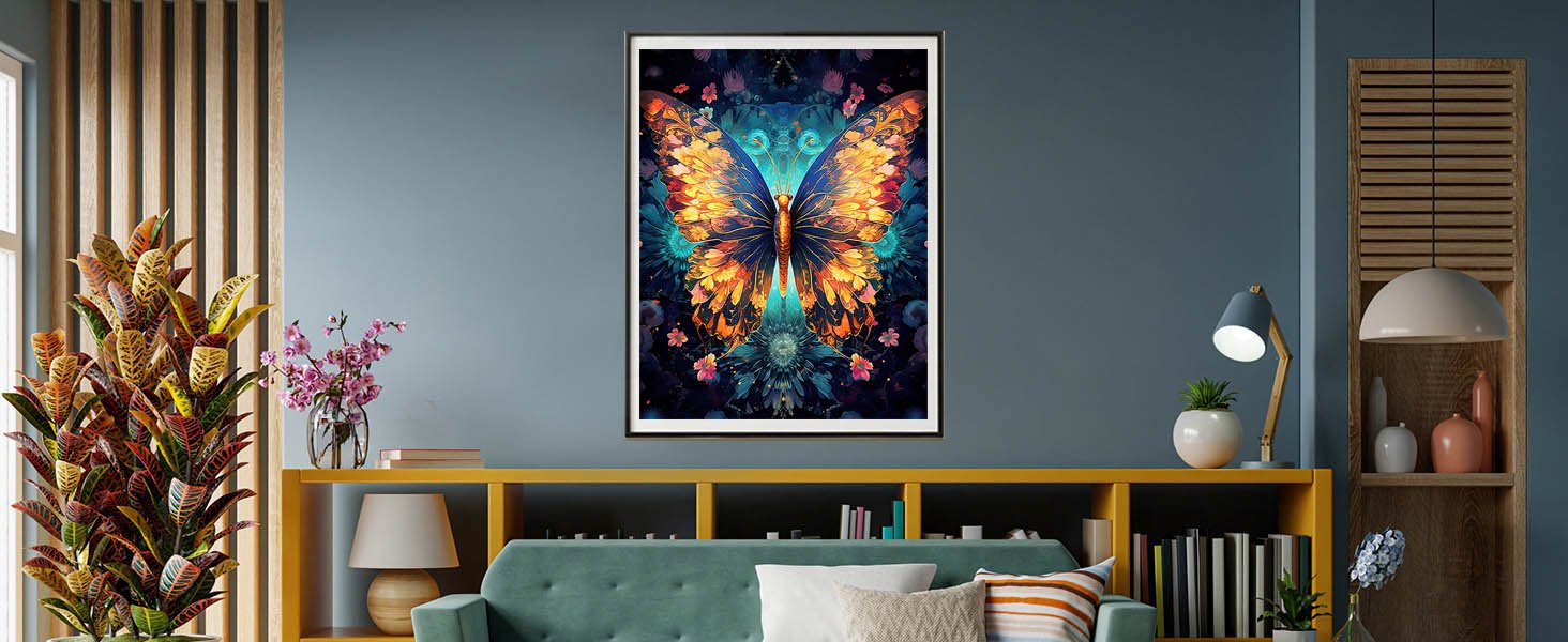 Framed butterfly painting with vibrant orange, yellow, and blue colors displayed on a wall above a sofa.