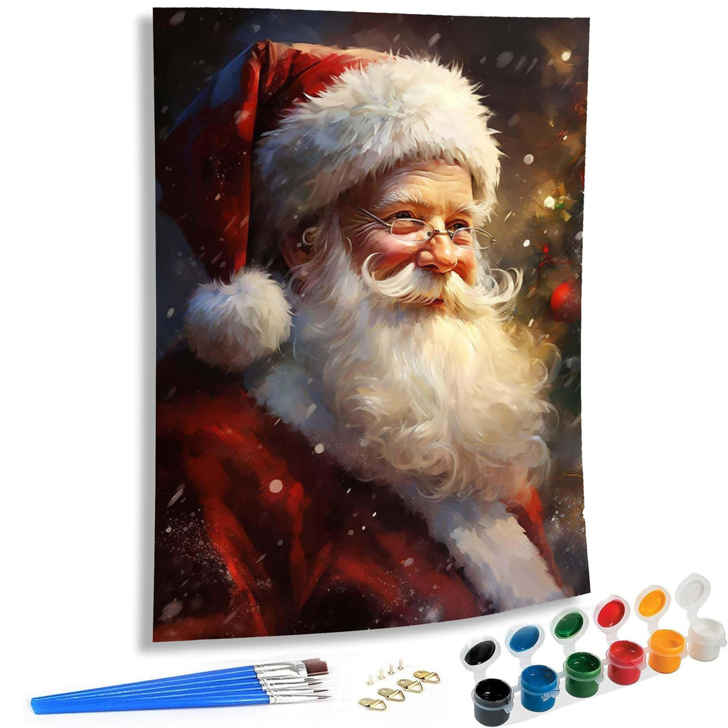 Paint by numbers kit featuring a close-up portrait of Santa Claus with a snowy background, includes brushes and paint pots.