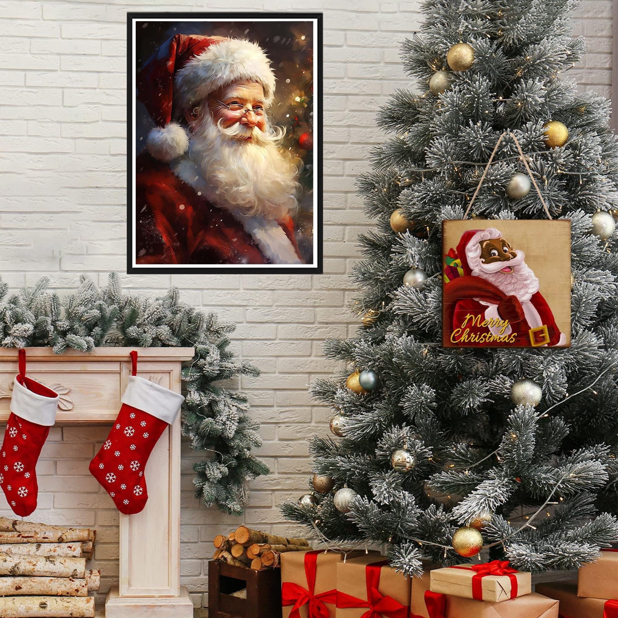 Christmas scene with a painting of Santa Claus above a fireplace and a wooden sign with Santa Claus saying Merry Christmas hanging on a tree