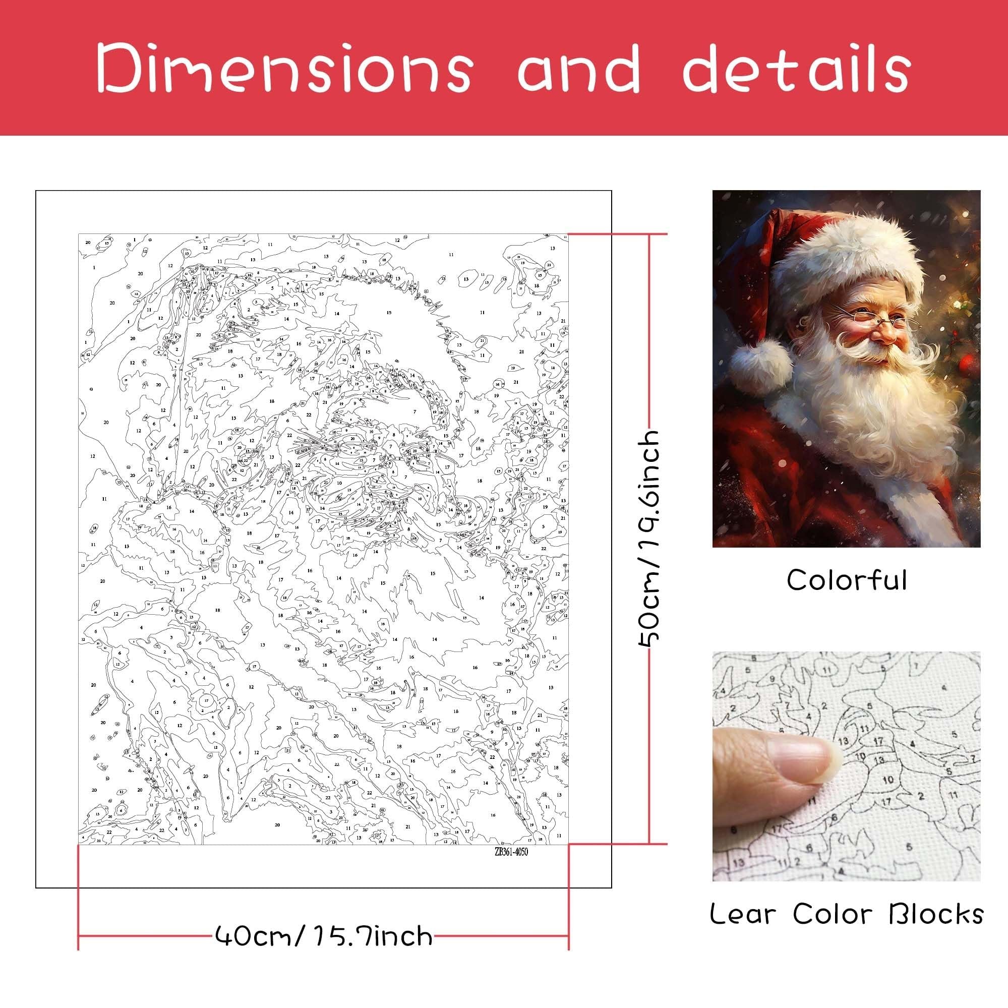Paint by numbers canvas showing a numbered outline of Santa Claus, with dimensions and detail images.
