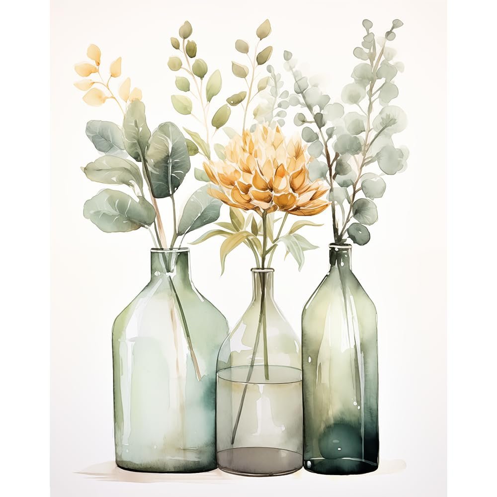 Watercolor painting of three glass vases with green leaves and a yellow flower against a white background.