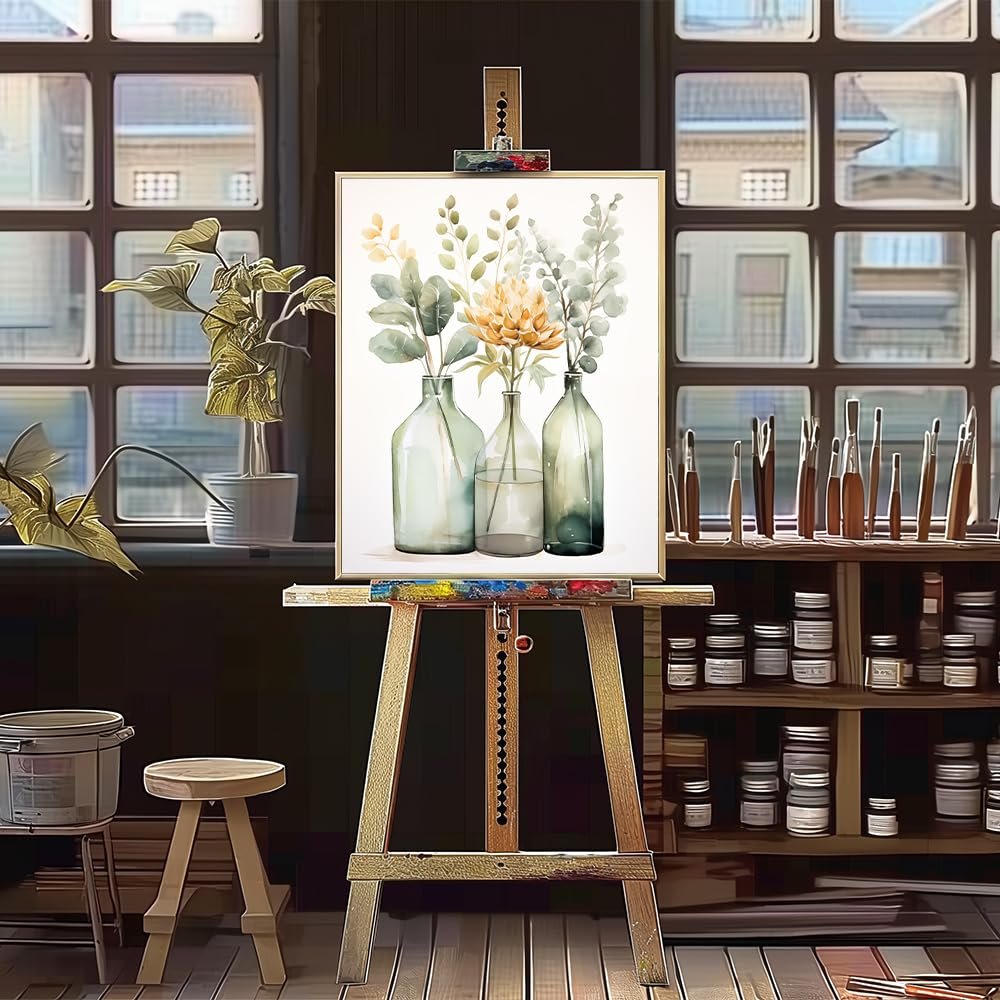 Paint by numbers canvas on easel showing three glass bottles with floral arrangements in an art studio setting