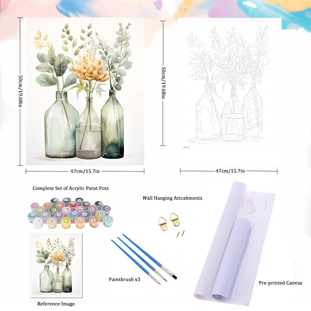 Paint by numbers kit contents including reference image, paint pots, brushes, and canvas