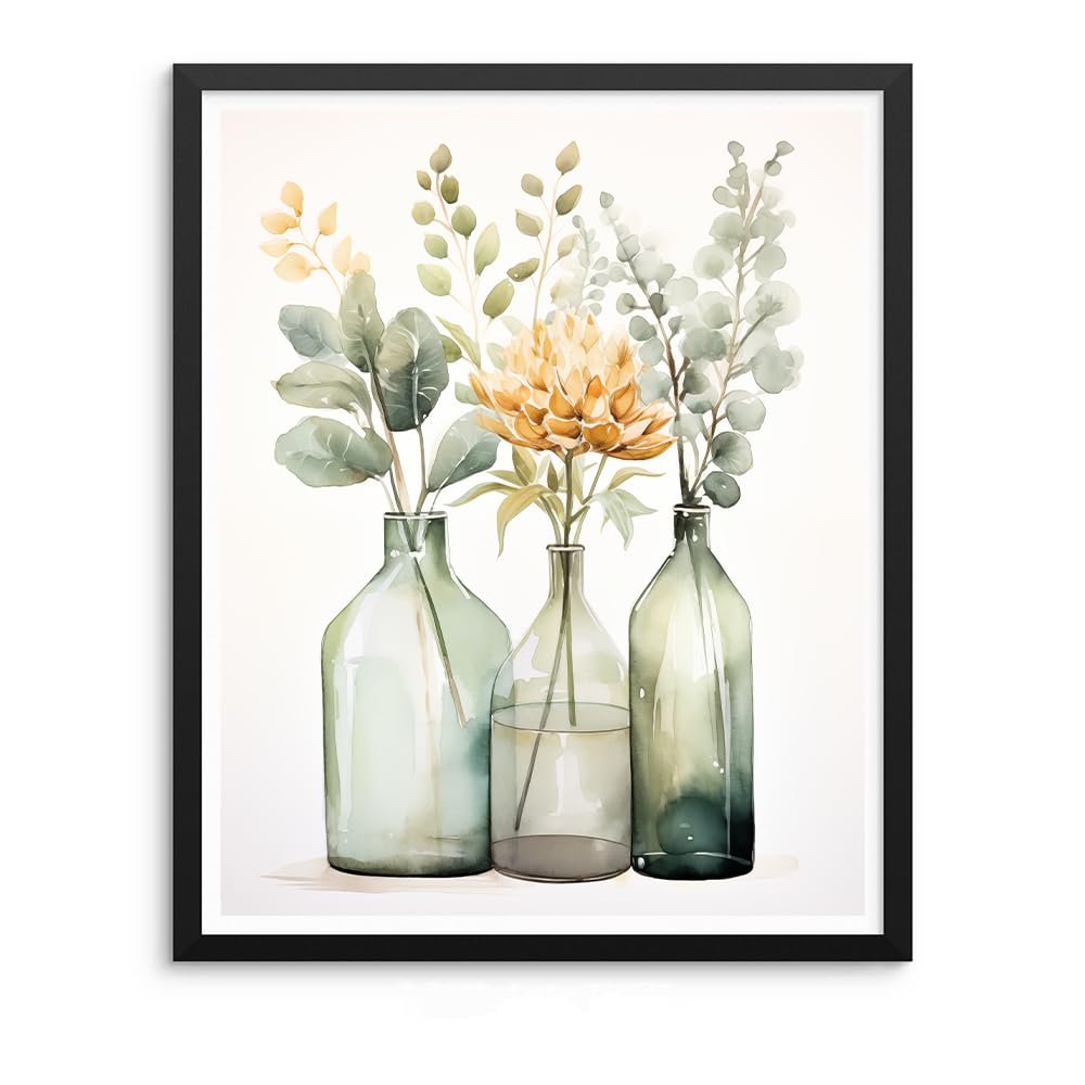Watercolor painting of three glass vases with green foliage and a yellow flower, framed.