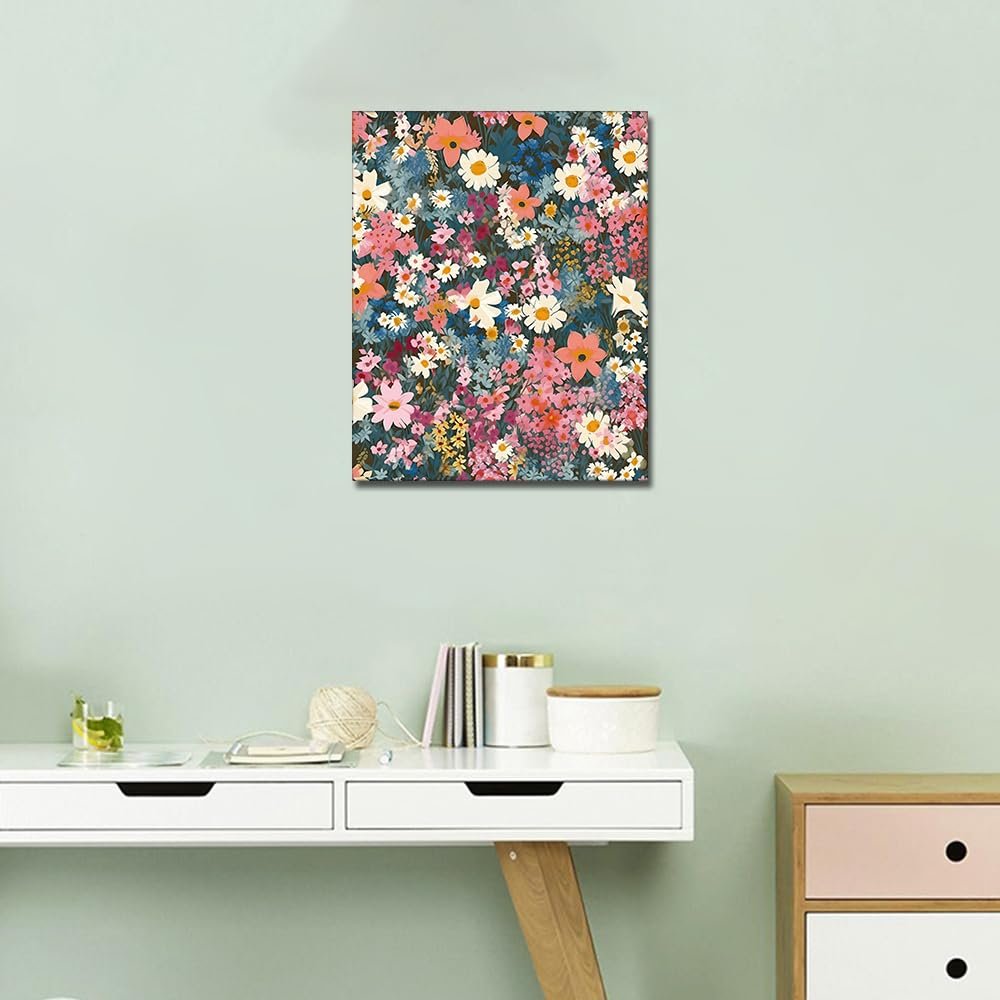 16x20 inch floral paint by number canvas art displayed on a wall above a desk