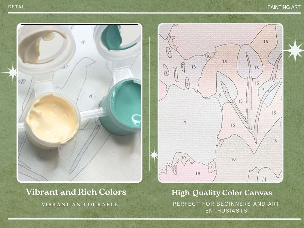Paint by numbers kit detail showing paint pots and numbered canvas sections.