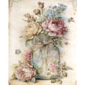 Vintage floral arrangement in a mason jar with a bow, surrounded by roses and a butterfly.