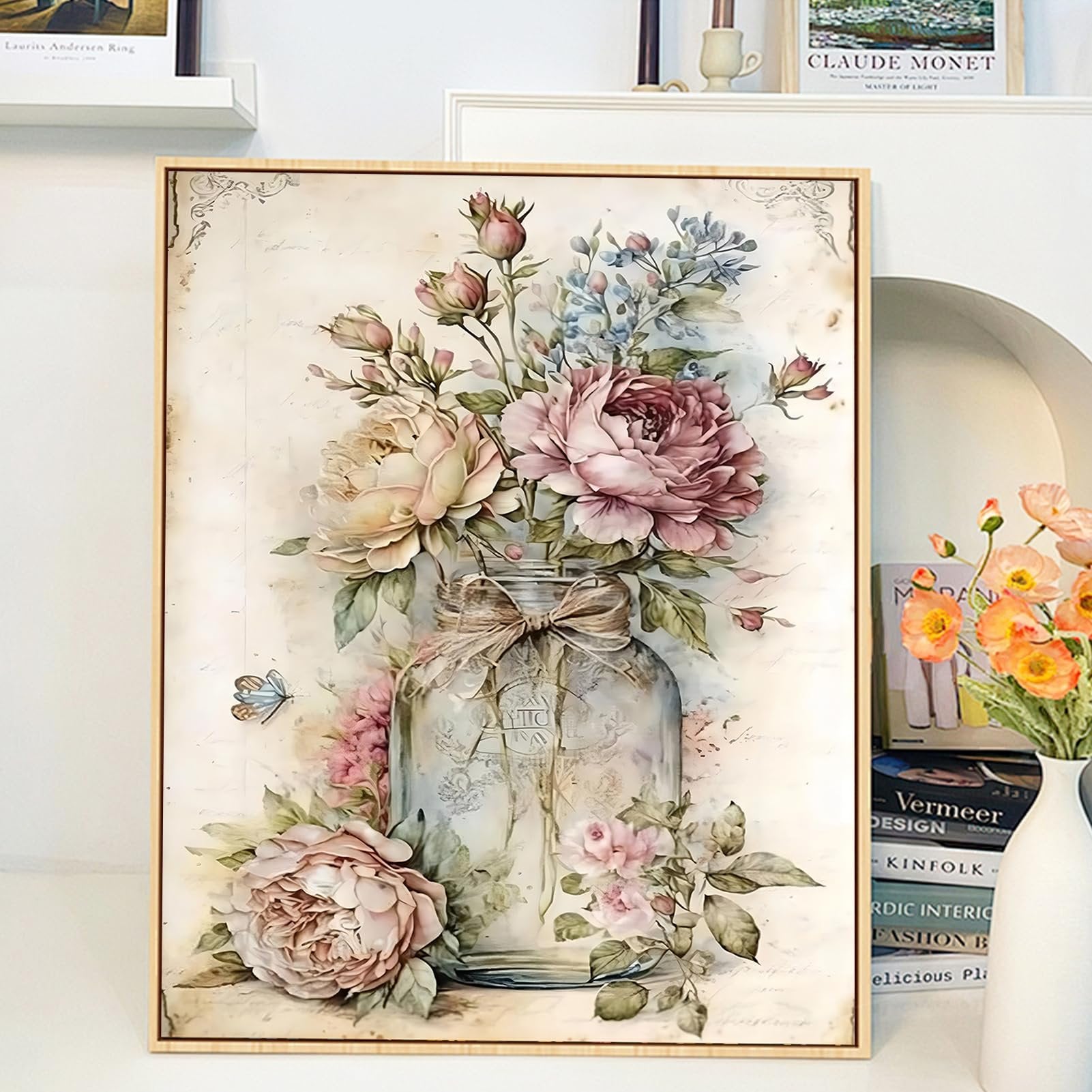 Floral paint by numbers kit canvas showing a bouquet of pink and cream roses in a glass jar with a butterfly.