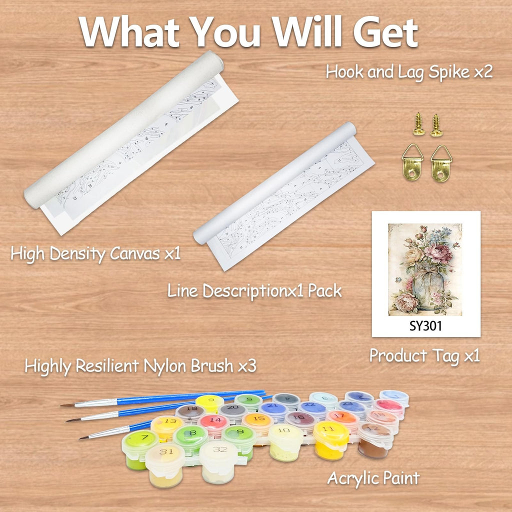 Paint by numbers kit contents including rolled canvas, brushes, acrylic paints, and hardware on a wooden background.
