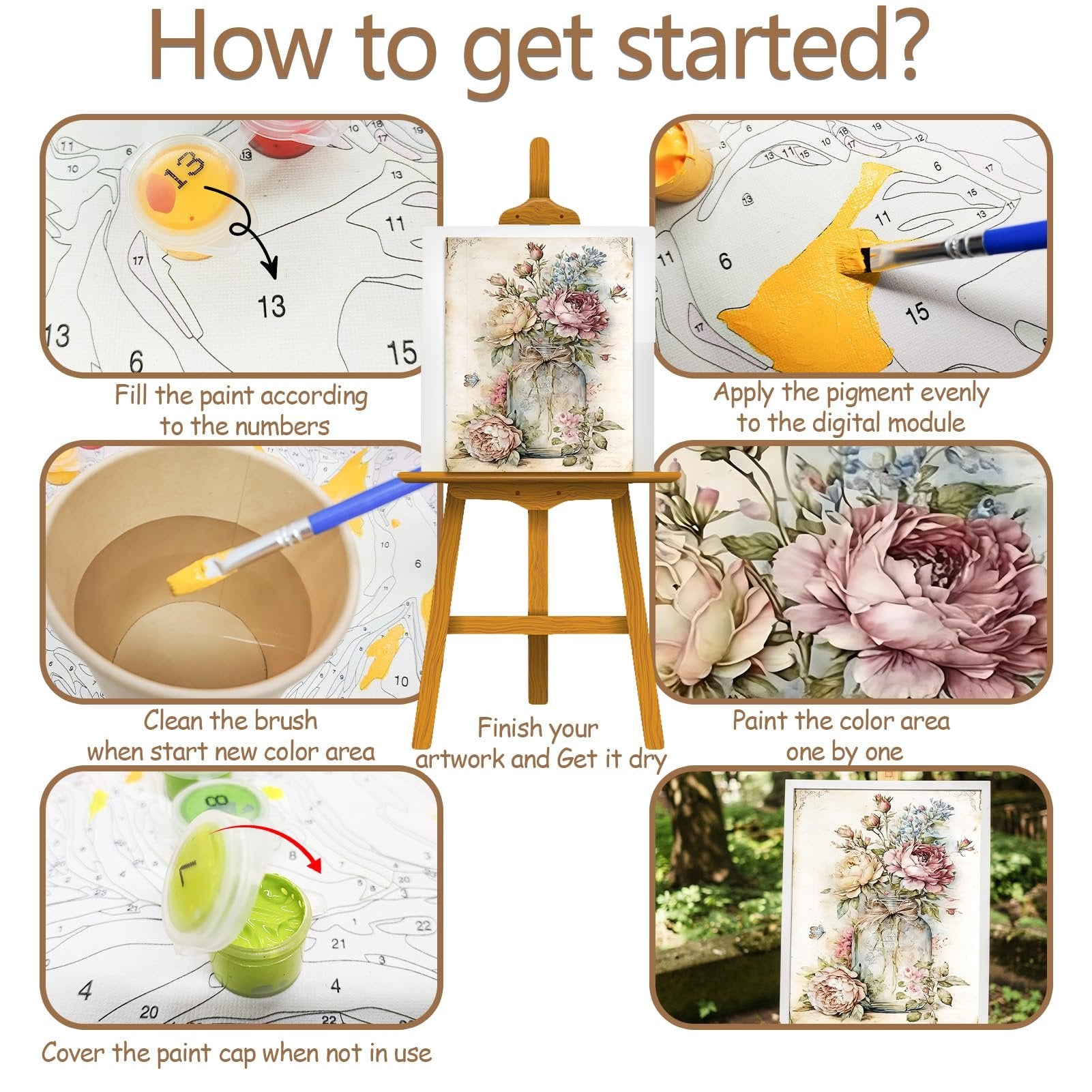 Collage showing steps for a paint-by-numbers kit with floral artwork, including filling paint, cleaning brush, and finishing.