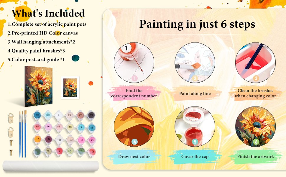 Paint by numbers kit contents and step-by-step instructions for painting a sunflower on canvas.
