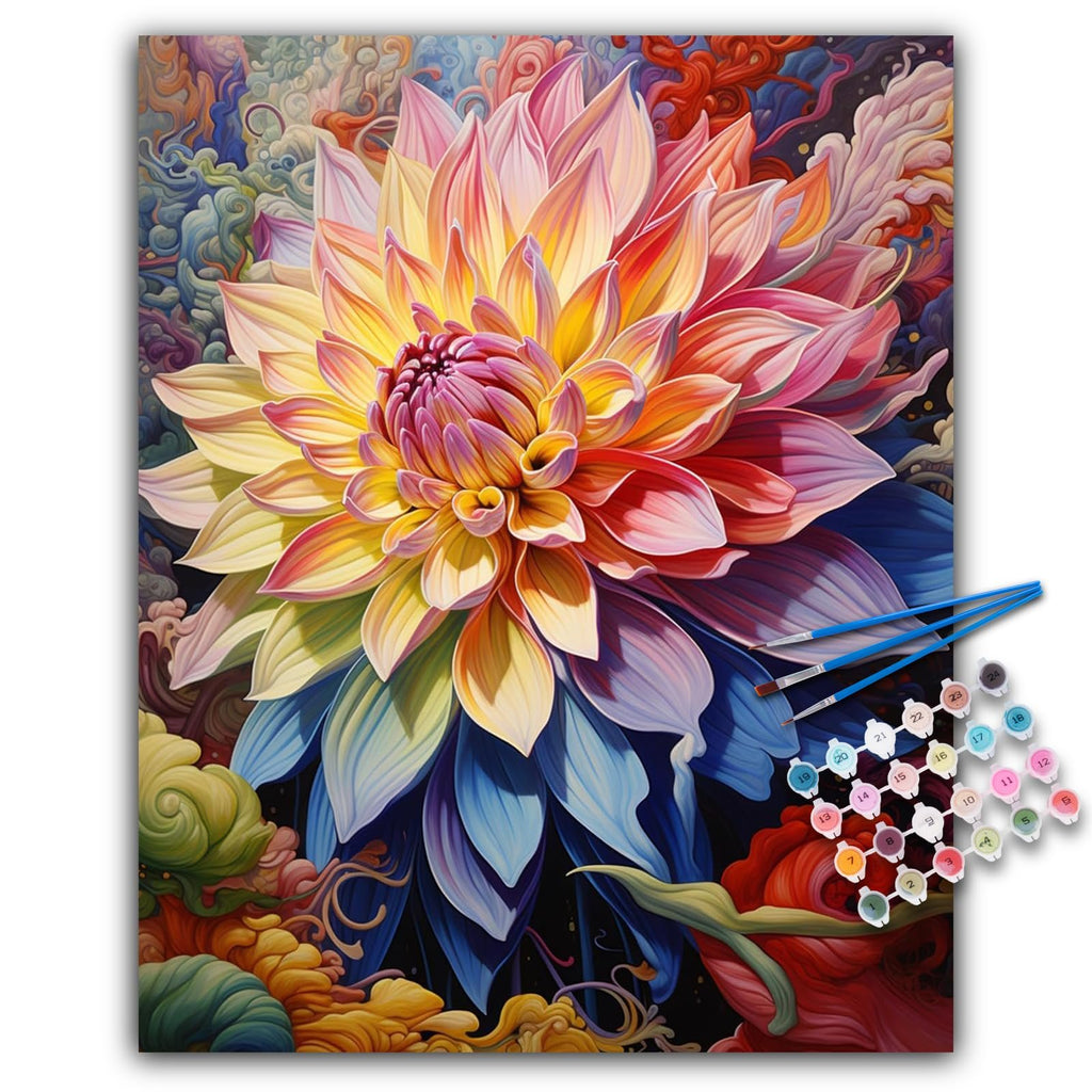 Paint by numbers kit showing a vibrant, colorful dahlia flower with abstract swirling background, with brushes and numbered paint pots.