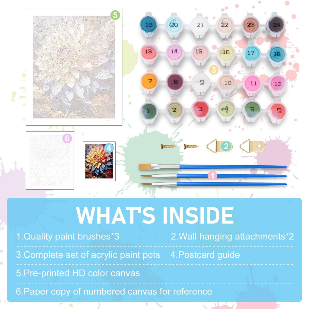 Paint by numbers kit contents including numbered paint pots, brushes, canvas, and reference guides.