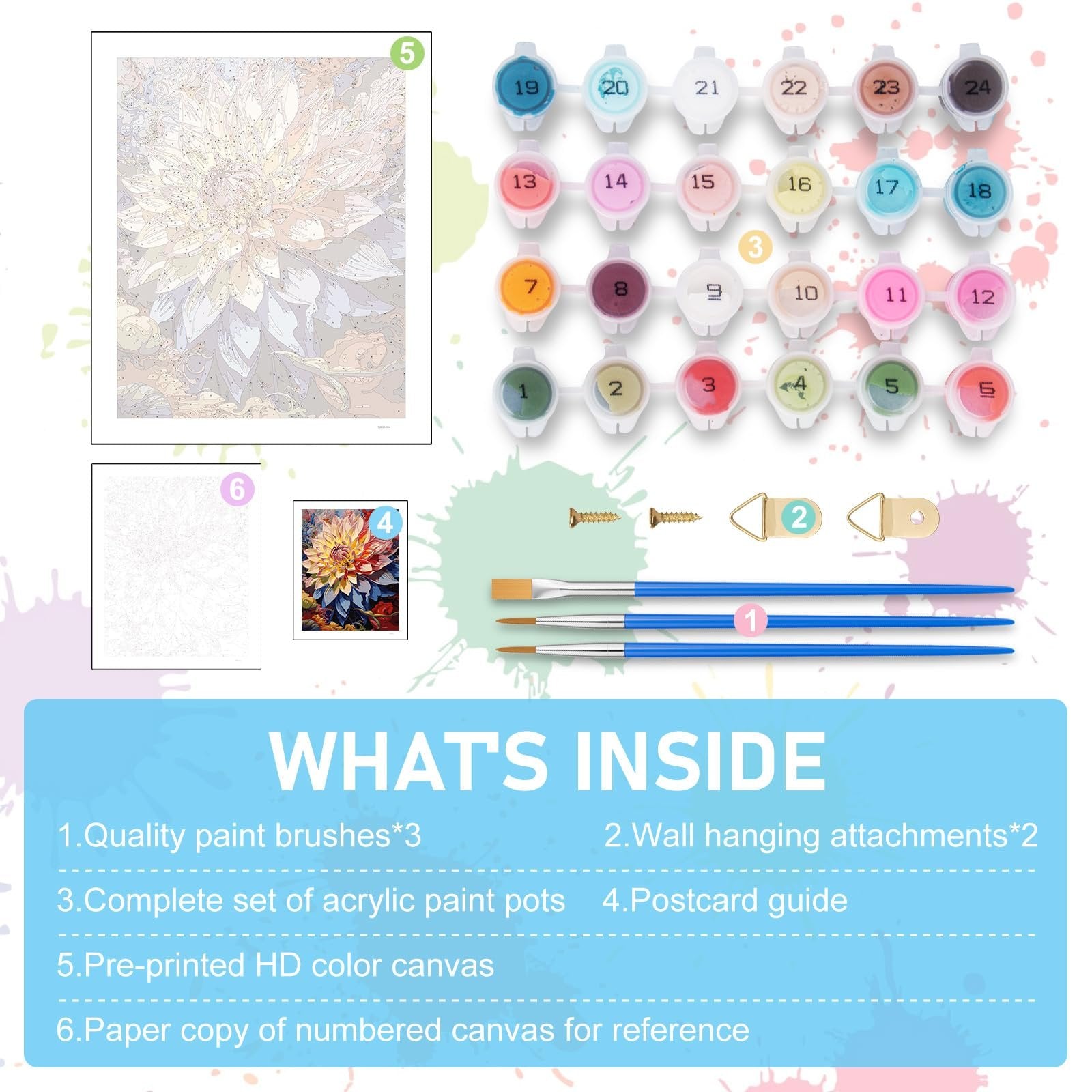 Paint by numbers kit contents including numbered paint pots, brushes, canvas, and reference guides.