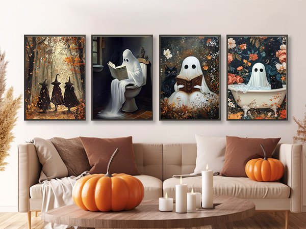 Four framed Halloween-themed paintings of ghosts displayed on a wall above a sofa with pumpkins and candles in the foreground.
