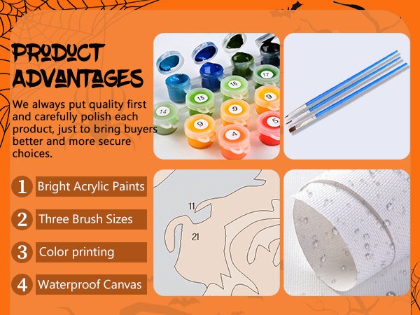 Paint by numbers kit contents including acrylic paint pots, brushes, and canvas detail.