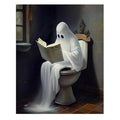 Ghost reading a book while sitting on a toilet in a dark bathroom, oil painting style
