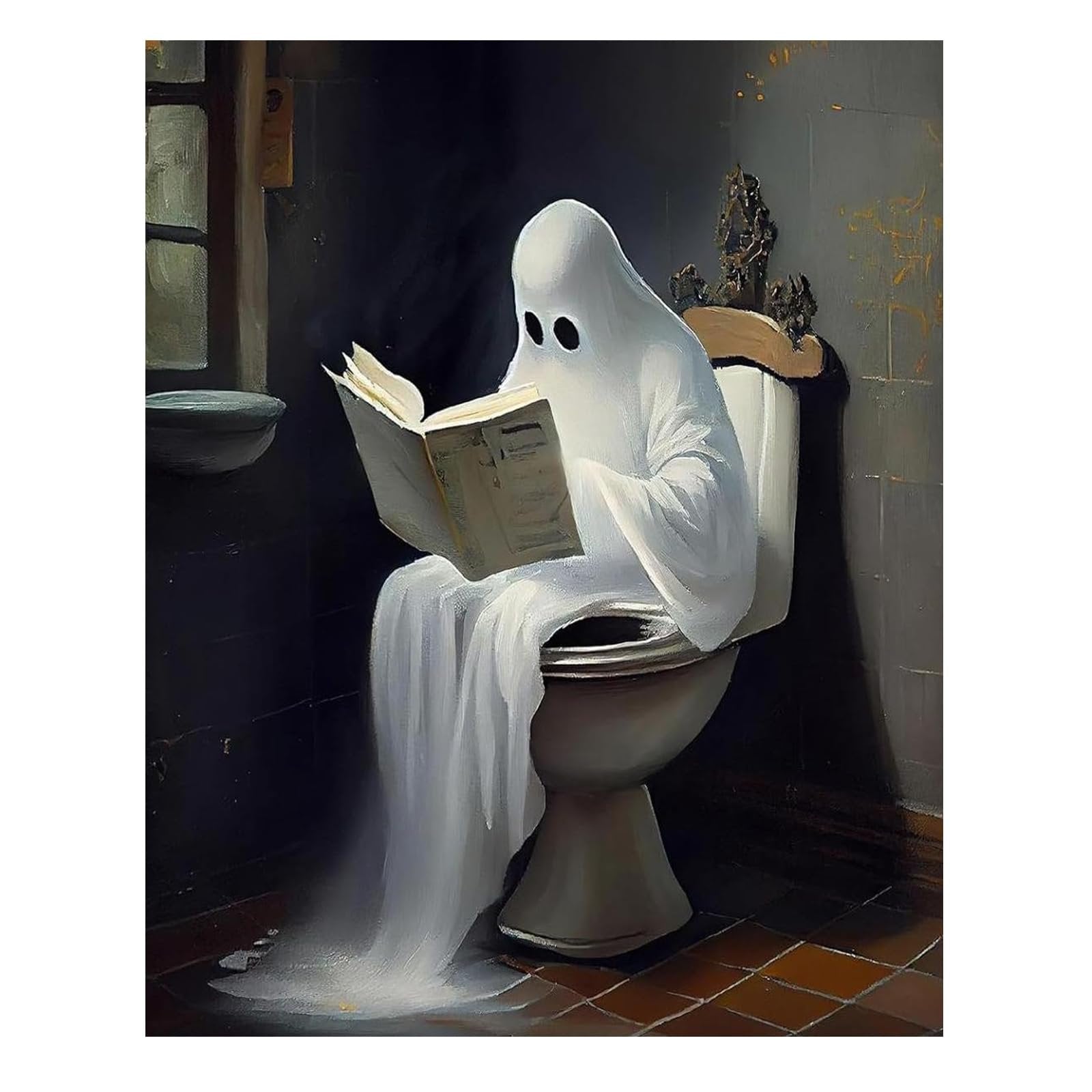Ghost reading a book while sitting on a toilet in a dark bathroom, oil painting style