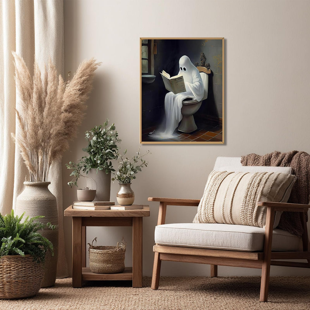 Ghost reading a book on a toilet in a bathroom, framed artwork in a cozy living room setting.